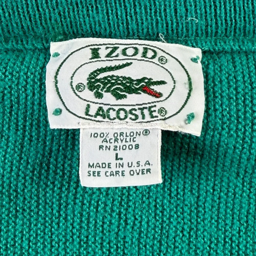 Vintage Izod Lacoste V-Neck Sweater Mens Large Green Orlon Acrylic Made in USA